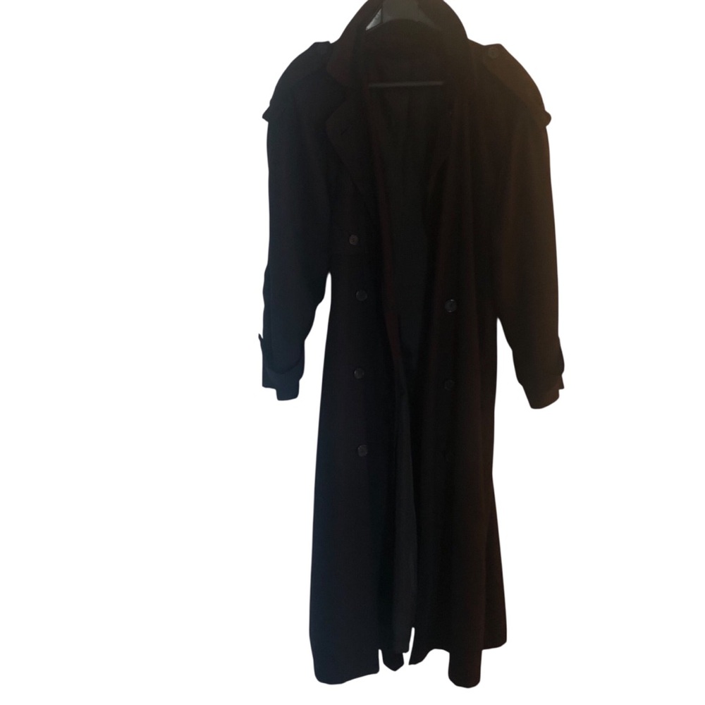 Black Trench Coat Size 10 Petite Padded Shoulders with Belt
